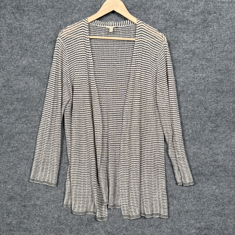 Eileen Fisher Size Medium Cardigan Gray Striped Organic Linen Nylon Open Knit